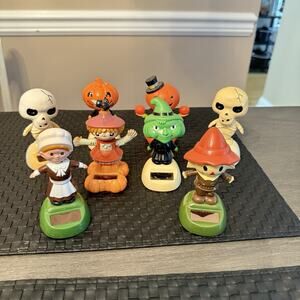 8 Solar Action Bobble Heads Halloween Thanksgiving Fall Pumpkin Skull Tested VGC